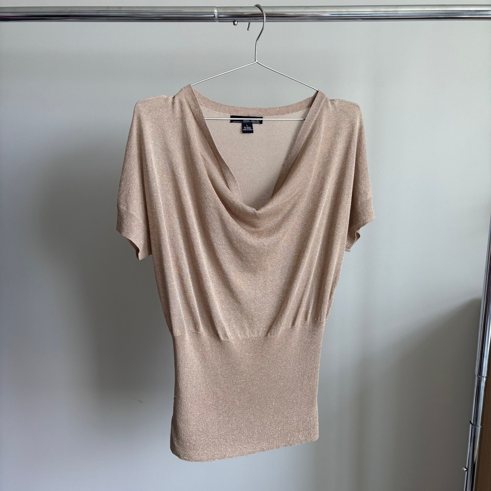 Vintage Willi Smith Cowl Neck Top Large Gold Metallic Knit Y2K 2000s Glam Dreamy